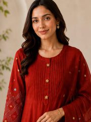 Elegant Rust Mul Chanderi A-Line Kurta Set with Handworked Sleeves
