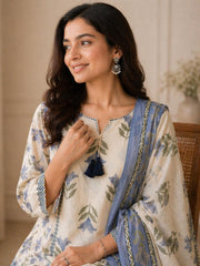 Elegant White & Blue Cotton Kota Doria Style Kurta Set with Dupatta