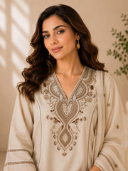 Beige Embroidered Khadi Cotton Kurta Set with Dupatta