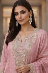 Elegant Blush Pink Shimmer Embroidered Kurta Set with Dupatta