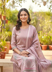 Dusty Rose Linen Cotton Printed Kurta Set with Artistic Dupatta