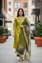 Olive Green Embroidered Suit Set with Floral Dupatta