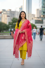 Bright Yellow Embroidered Suit Set with Pink Dupatta