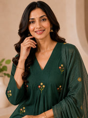 Emerald Green Cotton Embroidered A-Line Long Kurta Set with Dupatta