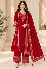Regal Red Dola Silk Embroidered Suit Set with Dupatta