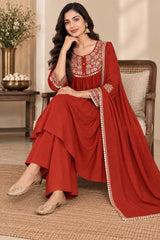 Beautiful Rust Mul Chanderi Embroidered Anarkali Suit Set