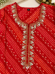 Graceful Red Modal Embroidered with Bandhani Printed Kurta Set with Dupatta