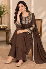 Graceful Chocolate Brown Mul Chanderi Embroidered Anarkali Suit Set