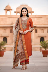 Rust Orange and Green Embroidered Suit Set with Printed Dupatta