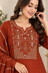 Beautiful Rust Roman Silk Embroidered Kurta Pant Set with Dupatta