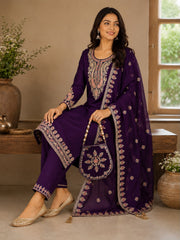 Royal Purple Vichitra Silk Kurta Set with Embroidered Dupatta & Potli Bag