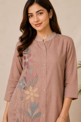 Elegant Beige Mul Chanderi Embroidered Co-ord Set