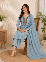 Graceful Sky Blue Cotton Embroidered Kurta Set with Dupatta