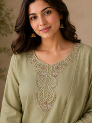 Sage Green Mul Chanderi Embroidered Kurta Set with Dupatta