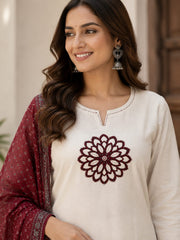 Handloom Cotton A-Line Kurta Set with Ajrakh Patching & Kota Doriya Dupatta