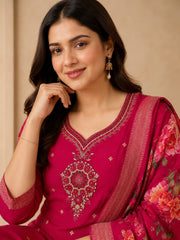 Rani Pink Dola Silk Embroidered Kurta Set with Floral Printed Dupatta