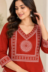 Pure Cotton Rust Printed Kurta Pant Set with Dupatta