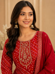 Elegant Red Bandhani Print Rayon Kurta Set with Embroidered Neckline & Dupatta