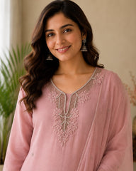 Dusty Rose Mul Chanderi Embroidered Kurta Set with Dupatta
