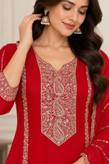Elegant Red Embroidered Kurta Sharara Set with Dupatta in premium Chinon Fabric