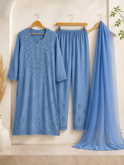 Powder Blue Handwork Chikankari Kurta Set with Chiffon Dupatta