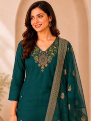 Teal Green Dola Silk Kurta Set with Embroidered Neckline & Woven Dupatta