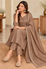 Stunning Mocha Roman Shimmer A-Line Kurta Set with Dupatta