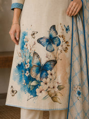 Graceful Off-White Linen Kantha Embroidered Kurta Set with Printed Dupatta