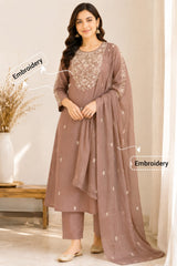 Elegant Mocha Taupe A Line Mul Chanderi Embroidered Kurta Set with Dupatta