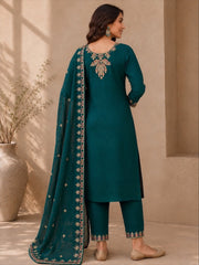 Teal Green Vichitra Silk Kurta Set with Golden Jari, Cutdana & Beads Embroidery with Potli Bag