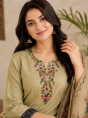 Sage Green Linen Kantha Embroidered Kurta Set with Printed Dupatta