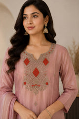 Elegant Mauve Shimmer Embroidered Kurta Set with Dupatta