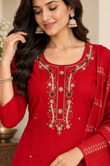 Vibrant Red Roman Silk Embroidered Kurta Pant Set with Dupatta