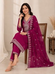 Magenta Vichitra Silk Kurta Set with Golden Jari, Cutdana & Beads Embroidery with Potli Bag