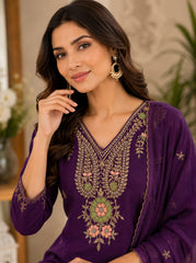 Royal Purple Dola Silk Embroidered Kurta Set with Dupatta