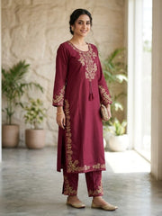 Maroon Thread Embroidered Cotton Kurta Set with Dupatta
