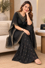 Elegant Black Chinon Embellished Kaftan Set with Flared Pants