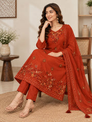 Elegant Rust Thread Embroidered Mul Chanderi A-Line Kurta Set with Dupatta