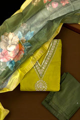 Olive Green Embroidered Suit Set with Floral Dupatta