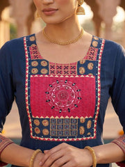 Royal Navy Blue Cotton Silk Anarkali Kurta Set with Printed Dupatta