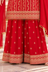 Royal Red Chinon Embroidered Kurta Sharara Set