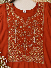 Beautiful Rust Roman Silk Embroidered Kurta Pant Set with Dupatta