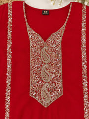 Elegant Red Embroidered Kurta Sharara Set with Dupatta in premium Chinon Fabric