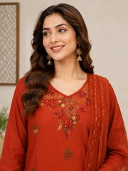 Elegant Rust Thread Embroidered Mul Chanderi A-Line Kurta Set with Dupatta