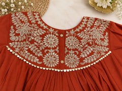 Beautiful Rust Mul Chanderi Embroidered Anarkali Suit Set