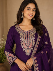 Royal Purple Vichitra Silk Kurta Set with Embroidered Dupatta & Potli Bag