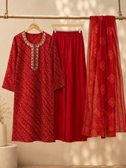 Graceful Red Modal Embroidered with Bandhani Printed Kurta Set with Dupatta