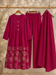 Beautiful Rani Pink Anarkali Style Embroidered Cotton Kurta Set with Dupatta