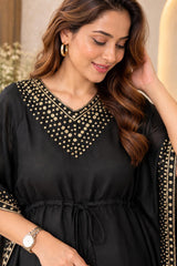 Elegant Black Chinon Embellished Kaftan Set with Flared Pants
