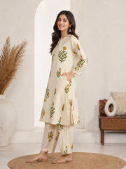 Off-White Handloom Cotton A Line Kurta Set with Floral Buta Print
